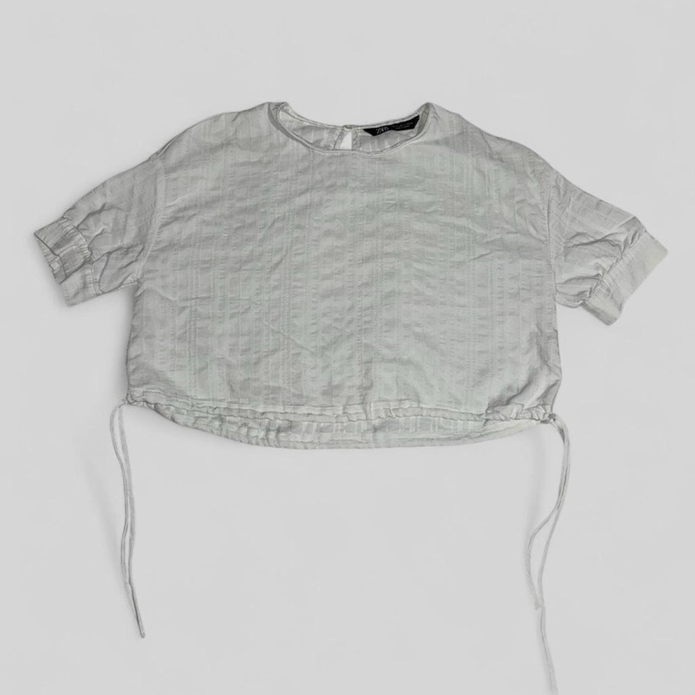 Zara White Short Sleeve Cropped Top with Drawstrings